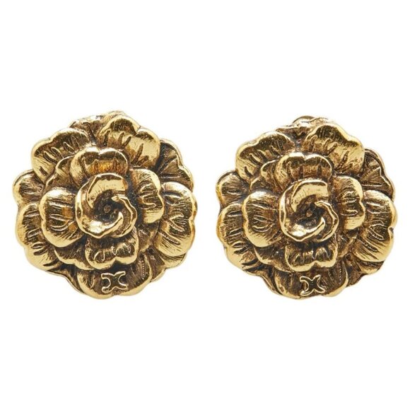 CHANEL CC Logos Camellia Clip-On Earrings Gold Tone Auth